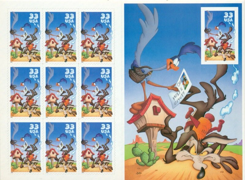 US: 2000 ROAD RUNNER, WILE COYOTE; Complete Sheet of 10 Sc 3391; 33 Cents Values 