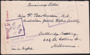 AUSTRALIA WW2 POW cover German Internee Tatura Camp to Jewish Welfare Society