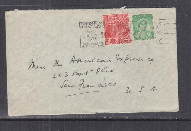 AUSTRALIA, 1938 Australia Hotel cover,KGV 2d., Queen 1d., Sydney to USA.