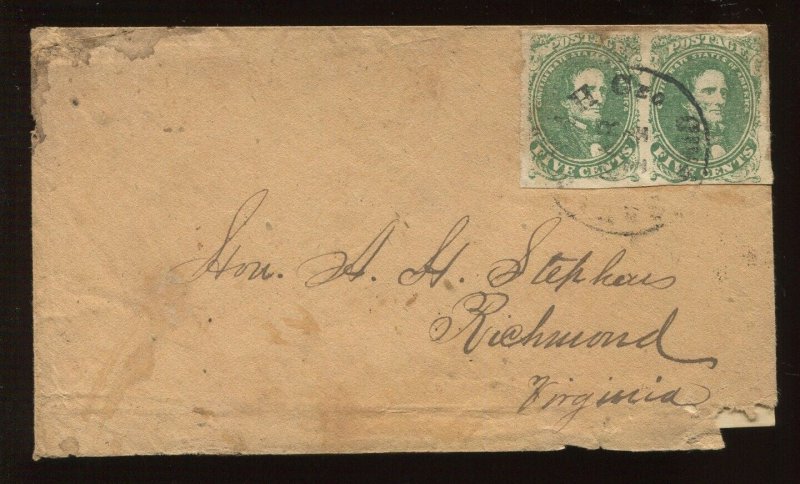 Confederate States 1 PAIR on Cover SAVANNAH TO RICHMOND VIRGINIA LV5016