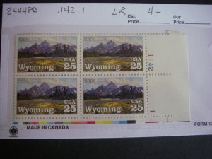 Scott 2444, 25c Wyoming Statehood, PB4 #1142 1 LR, MNH Beauty