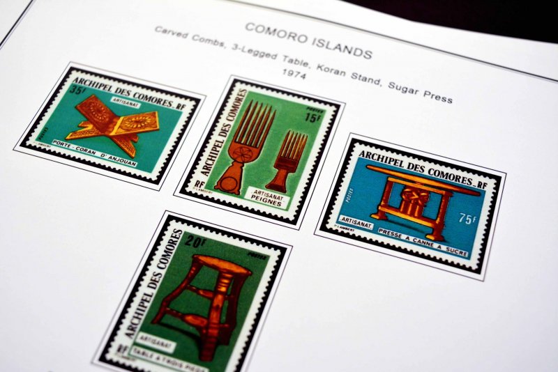 COLOR PRINTED COMOROS 1892-1975 STAMP ALBUM PAGES (25 illustrated pages)