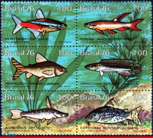 1465A BRAZIL 1976 BRAZILIAN FRESH-WATER FISH, FISHKEEPING, MI# 1545-50, SET MNH