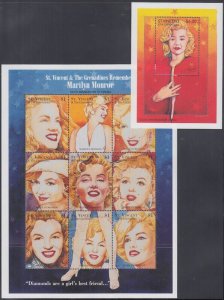 ST VINCENT Sc #2208a-i,2214 CPL MNH SET SHEET of 9 and S/S - MARILYN MONROE