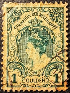 Netherlands. Used 1 guilder postage stamp issued in honor of the coronatio...
