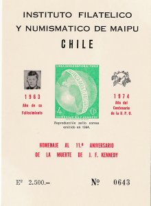 Chile Unlisted Souvenir Sheet, John F. Kennedy & UPU Centennial, Mint NH