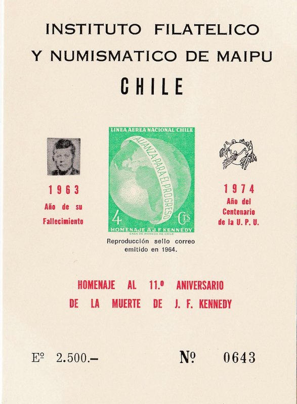 Chile Unlisted Souvenir Sheet, John F. Kennedy & UPU Centennial, Mint NH