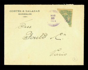 COLOMBIA 1904 Eagle 10p green - BISECTED - Sc# 274 on cover MANIZALES to FRANCE