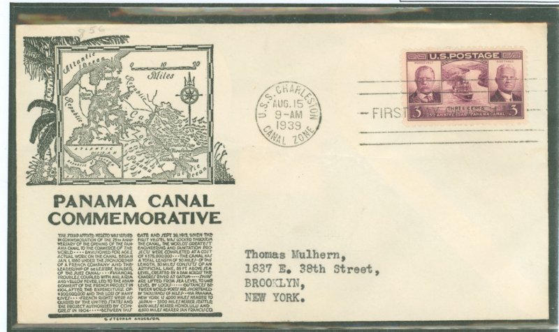 US 856 1939 3c Panama Canal/25th Anniversary (single) on an addressed (typed) FDC with an Anderson cachet and a USS Charleston c