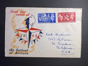 1951 England First Day Cover FDC Battersea SW Pasadena CA USA Festival Britain