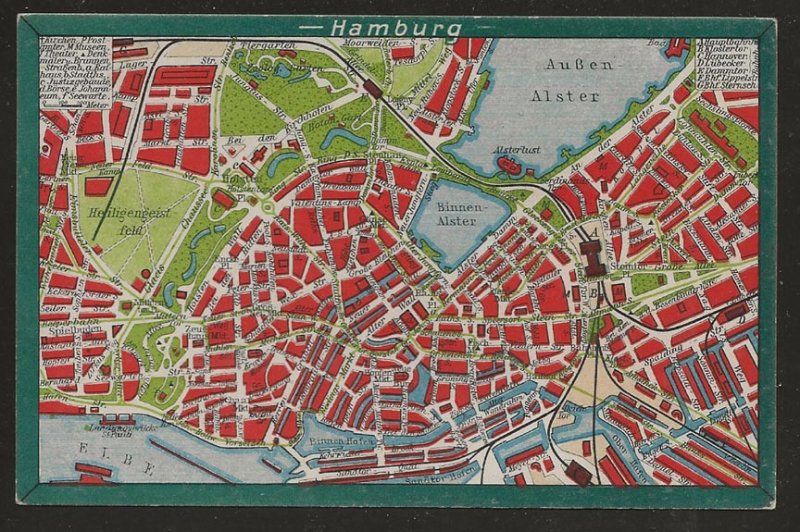 Postcard. Early Street Map of Hamburg. Fully illustrated; in Color.