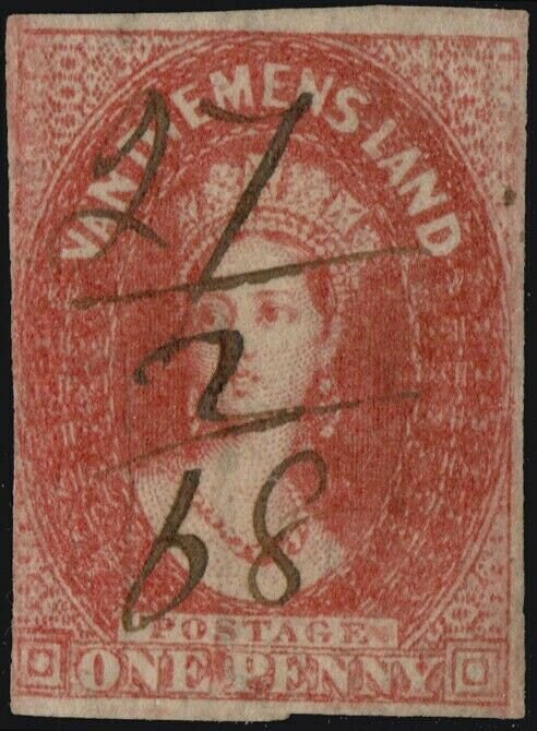 TASMANIA - 1868 SG28 1d dull vermillion Imperf. (Wmk numeral) - fiscally used