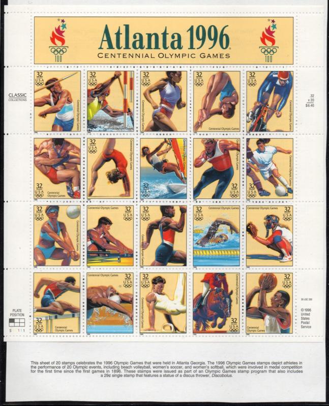 US Sc 3068 1996 Atlanta Olympics stamp sheet mint NH