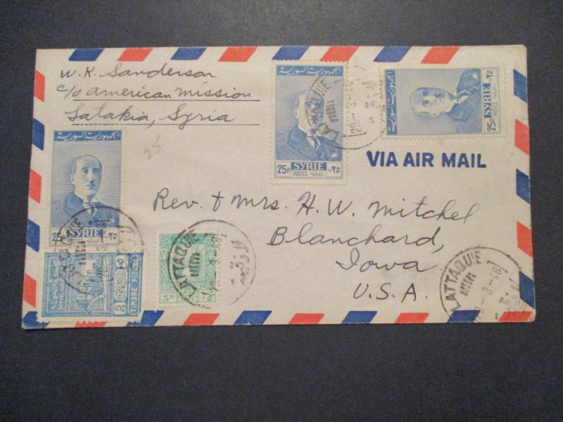 1948 Satakia Syria to Blanchard Iowa USA Multi Franking Airmail Cover 