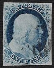 U.S. #9 Used; 1c Franklin Imperf Type IV (1851) - Weiss Certificate