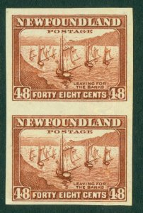 SG 228c Newfoundland 1932-38. 48c red-brown imperf pair without gum. Full...