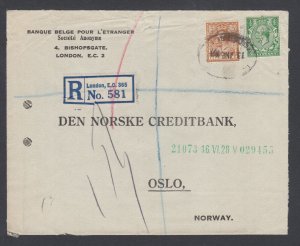 Great Britain Sc 187,194 used perfins 1928 Registered cover LONDON-OSLO, Norway