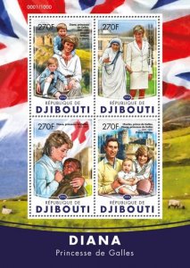 DJIBUTI - 2016 - Princess Diana - Perf 4v Sheet - Mint Never Hinged