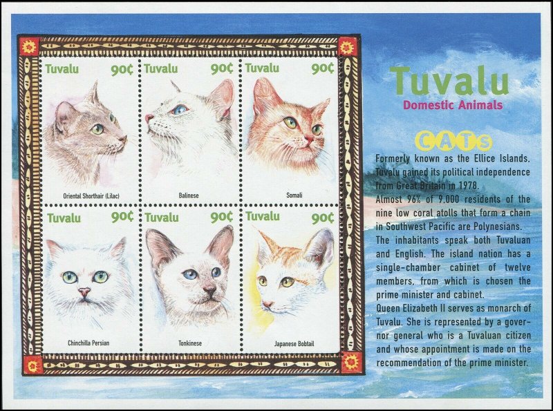 Tuvalu 2000 Sc 840 Cats Persian Oriental Somali Balinese Turkinese CV $5.65