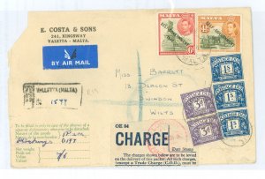 Malta 215-216 1950, Royalty, King George VI, Registered Air, Customs stickers, Torn open on left, British postage dues