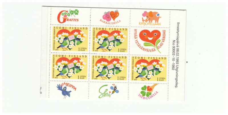 FINLAND SC.906a 1993 FRIENDSHIP HEART, BIRDS AND FLOWERS MNH COMP. BKLT. BLKPG12