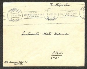 FINLAND FIELDPOST BONDS PATRIOTIC SLOGAN CANCEL KENTTAPOSTIA MILITARY COVER 1942