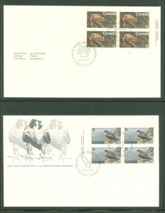 Canada 732/752 1977-78 2 U/A plate block FDCs; Endangered Wildlife, Eastern Cougar, Perigrine Falcon