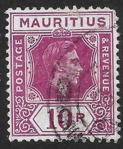 MAURITIUS SG263 1938 10r REDDISH-PURPLE USED BLUNT CORNER.