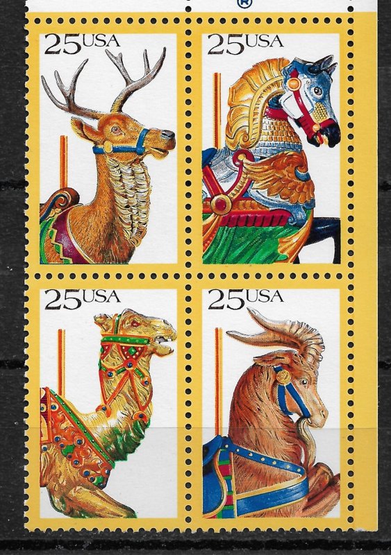 US 1988 Decorated Carousel Animals 25c block of 4,Scott # 2390-93, VF MNH**