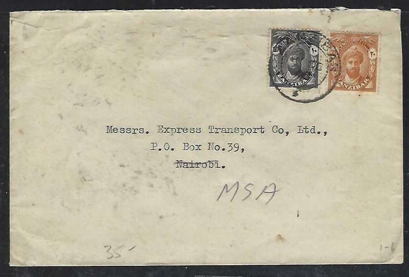 ZANZIBAR  (PP2608B)     SULTAN 10C+20C  COVER TO NAIROBI, KENYA