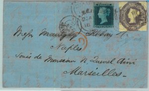 BK0680 - GB - POSTAL HISTORY - SG # 25 + 28 on COVER: LEEDS to MARSEILLES 1856-