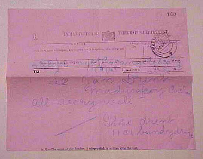 INDIA  TELEGRAM 1942 TO LOS ANGELES