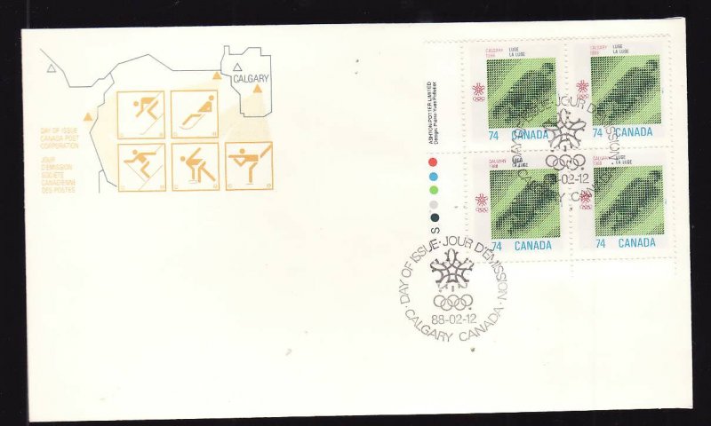 Canada-Sc#1198-stamps on FDC-UL Plate Block-Sports-Winter Olympics-Bobsled-1988-