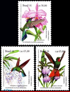 2335-37 BRAZIL 1991 PREVENTION FOREST ORCHIDS, HUMMINGBIRDS BIRDS,MI# 2435-7 MNH