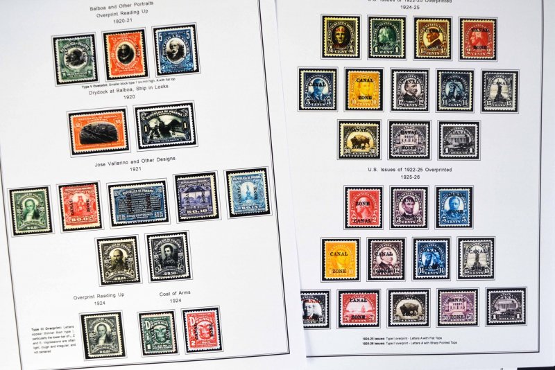 COLOR PRINTED CANAL ZONE 1904-1978 STAMP ALBUM PAGES (21 illustrated pages)