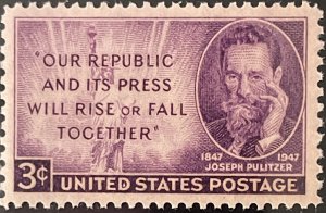 Scott #946 1947 3¢ Joseph Pulitzer MNH OG XF