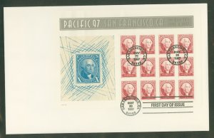 US 3139-3140 Pacific '97 first day covers, George Washington, Benjamin Franklin, 2 souvenir sheets with 12 stamps each. ...