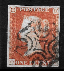 GB QV SG8 (BS14) 1d Red Imperf Plate 25 - OE - 4 margins - Crisp Maltese Cross