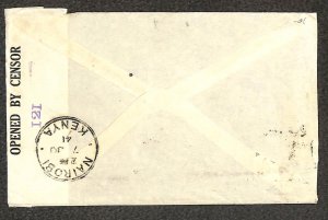 KUT 76a STAMP WW2 MILITARY CENSORED NAIROBI KENYA TO NEW YORK COVER 1941