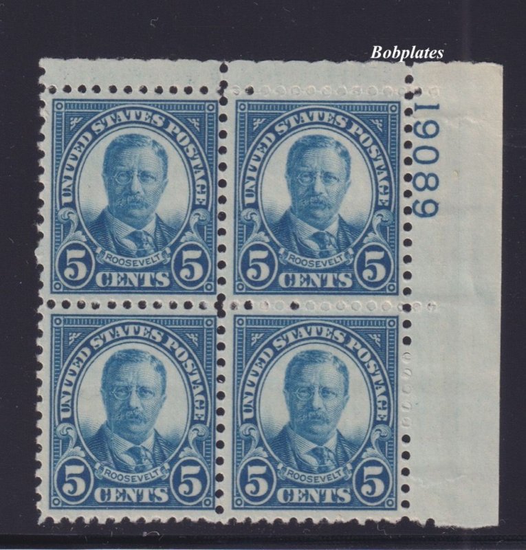 BOBPLATES US #637 T Roosevelt Upper Right Plate Block 19089 F-VF MNH SCV= $17.5