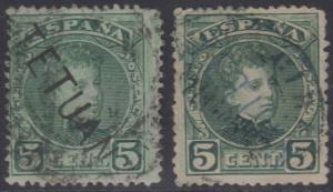 SPANISH MOROCCO TANGIER 1908 Sc 9 (2x) BLACK & BLUE HS' USED SCV$45.00+ 