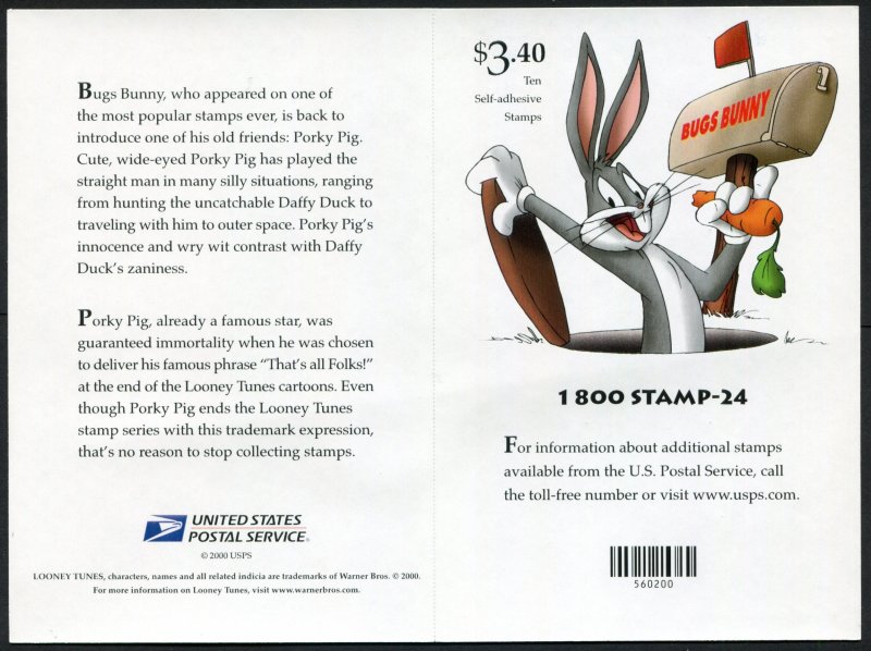 US #3534  Porky Pig at Mailbox SS  (FV  $3.40)