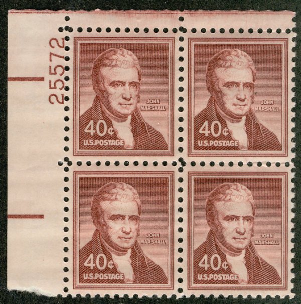 US #1050 PLATE BLOCK, VF/XF mint never hinged, 40c Marshall,  SUPER COLOR!  