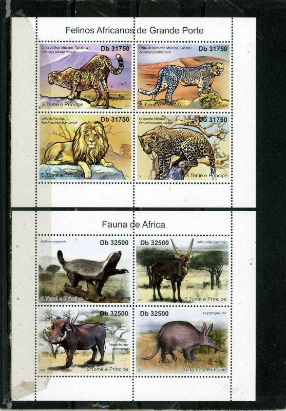 ST.THOMAS & PRINCE ISLANDS 2011 AFRICAN WILD ANIMALS 2 SHEETS OF 4 STAMPS MNH 