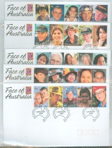 Australia  1799 2000 faces of Australia set of 25 stamps on five cacheted unaddressed FDCs