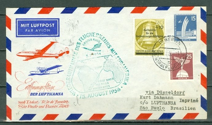 GERMANY BERLIN 1956 FIRST FLIGHT STATIONERY ENVELOPE(#9N127) + TO BRASIL