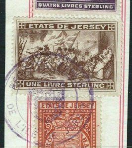 GB Channel Islands ETATS DE JERSEY Revenue Stamps £4 £1 & 5s Piece Used SS2559