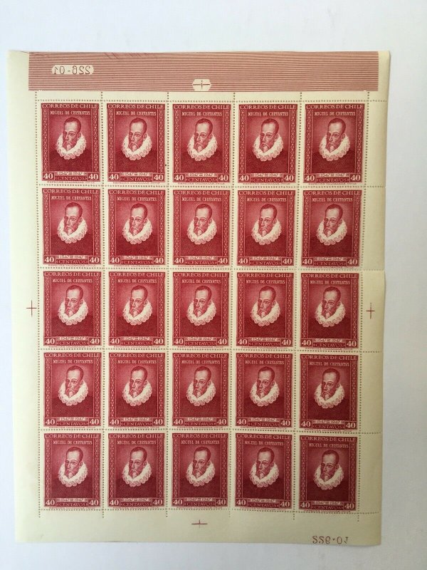 Chile 1947 40c Dark Carmine Full Sheet of 25 Stamps MNH. Scott 250