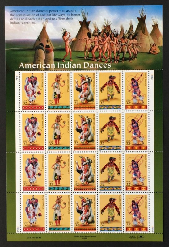 US #3072 - 76, 32c American Indians,  Sheet, VF mint never hinged, Fresh Shee...