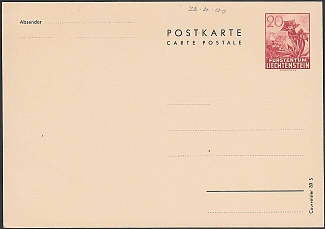 LIECHTENSTEIN c1940 20rp flowers postcard fine unused.......................G141